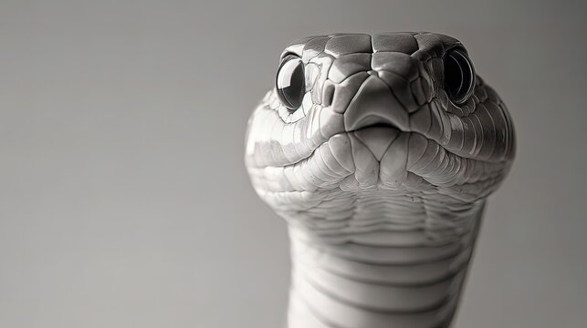 A close-up of a snake's head with sharp, intense eyes looking directly at the camera.