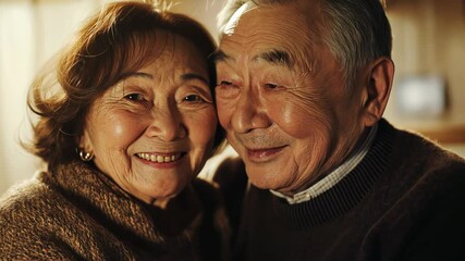 Elderly couple, smiling Asian man and woman close together for love, companionship, and lifelong bond. Warm embrace symbolizing happiness, affection, and family connection in tender moment