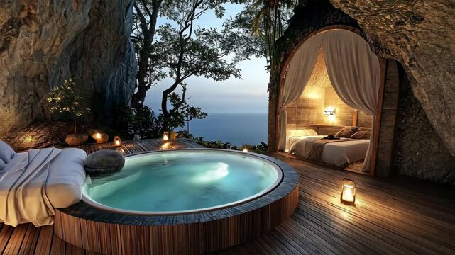 A relaxing hot tub overlooking the ocean at a luxurious cliffside resort