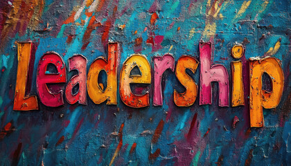 Colorful graffiti art displaying the word 'Leadership' in vibrant hues against a textured background, symbolizing creativity and inspiration.