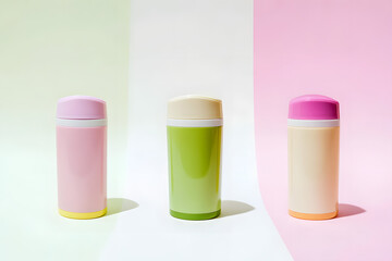 Colorful Thermos Bottles on Pastel Background