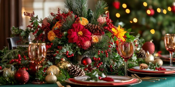 Close-up of Christmas-themed flower arrangements in vibrant colors, displayed on a dining table decorated for a festive meal.