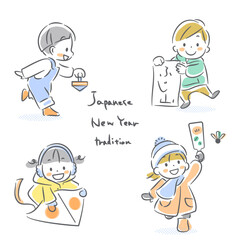お正月の子供たち　カラフルでかわいい手描きイラスト
