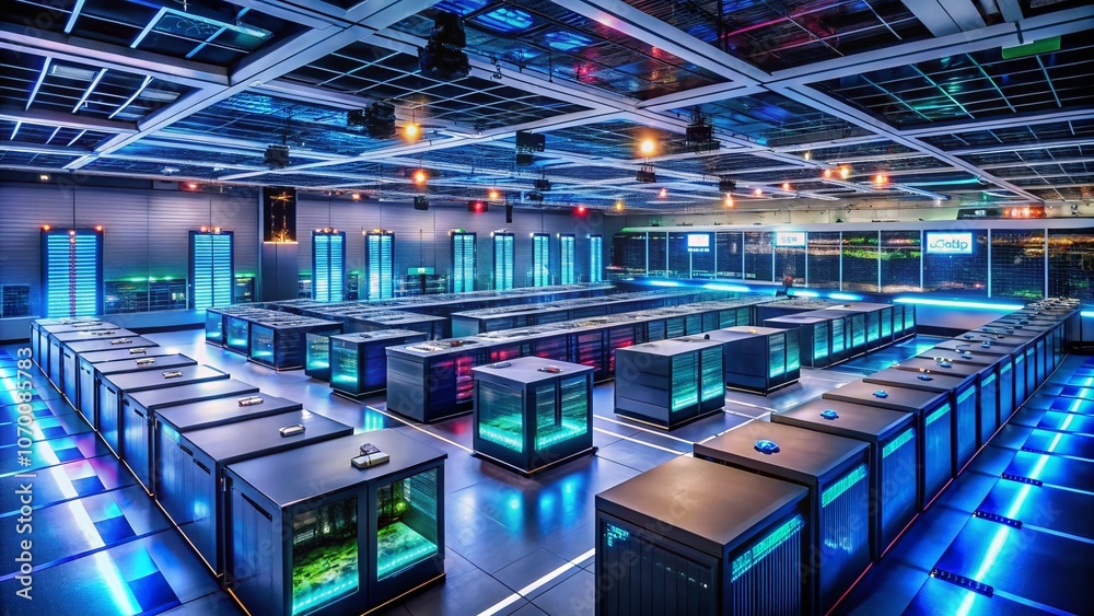 Poster aerial view of an advanced computing room filled with state-of-the-art supercomputers and high-tech 
