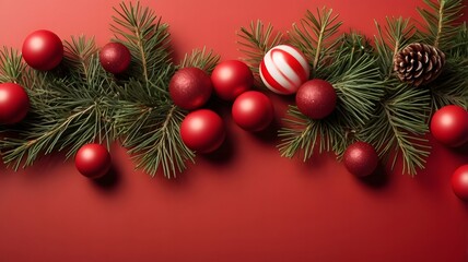 Christmas background with candy, pine branches, red decorations, flat red surface. Banner for design or advertising banner, layout template, copy space concept. Top view.