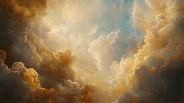 The picture depicts clouds, and in the clouds the apostles are looking down. Oil painting in Renaissance style