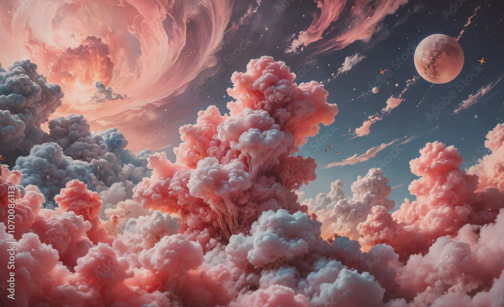 Poster Pink clouds in the sky with a red planet in the background