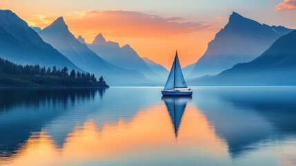Serene Sailboat in a Mountain Lake at Sunset