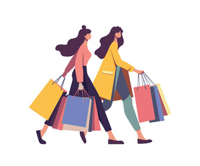 Friends women holding bags with purchase on shopping. Customer on shop with handbag, consumerism. Shopping bag with new item, gift, present. Flat illustration