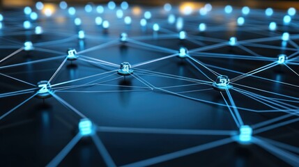Abstract blue network with glowing nodes on a dark background, representing connectivity and communication.