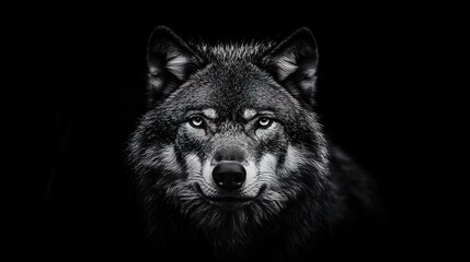 Fototapeta premium A close-up portrait of a grey wolf staring intensely at the camera against a black background.
