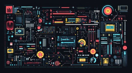 Obraz premium Futuristic digital interface with colorful icons and lines on dark background.