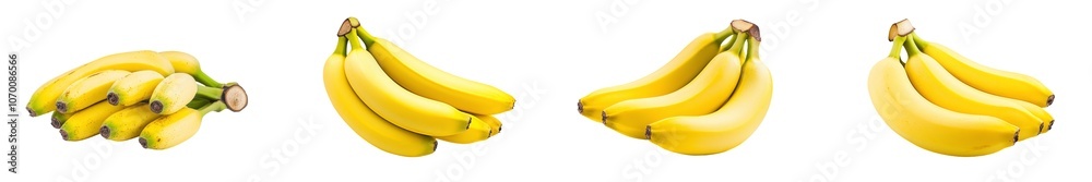 Poster Angular bunch of ripe yellow bananas with three bananas still attached at stem, showcasing their bright color and smooth texture. Isolated on transparent background.