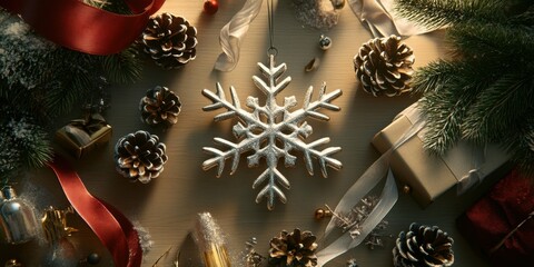 Top view of a snowflake wind chime lying on a table, surrounded by holiday items like pinecones, ribbons, and other small decorations.