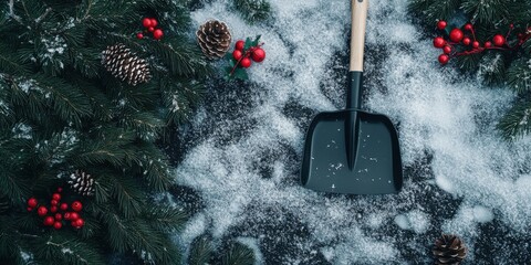 Top view of a Christmas-themed snow shovel on the ground, surrounded by small holiday decorations like pine branches and holly.