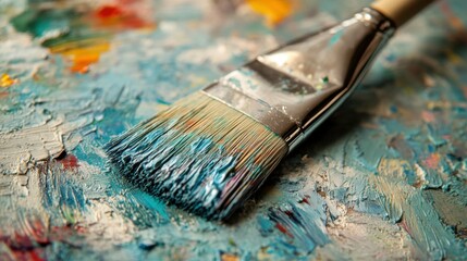 Fototapeta premium A close-up shot of the paintbrush's bristles, capturing the color and texture, with the palette softly blurred behind.