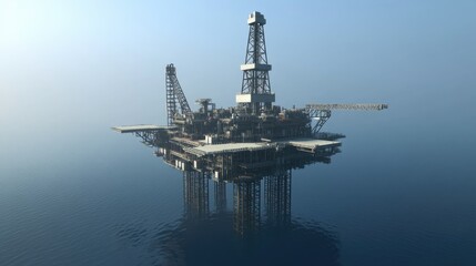 Aerial view of a lone offshore drilling platform, floating in the middle of endless ocean waters, isolated in a serene blue environment.