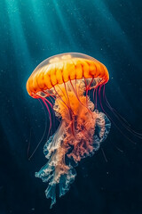 Fototapeta premium A striking orange jellyfish gracefully floating in deep blue ocean water with sunlight filtering through, highlighting its delicate tentacles and translucent body
