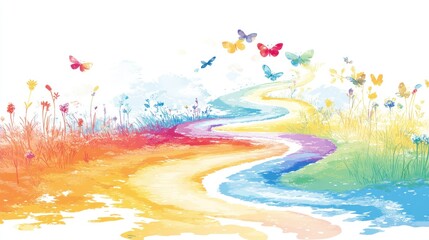 A colorful, winding path through a field of flowers with butterflies flying overhead.