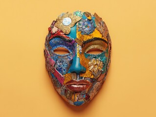 Mask made of various materials symbolizing different cultures, highlighting mental health awareness, set against a warm color backdrop to evoke feelings of inclusivity