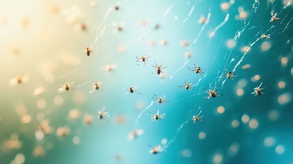 A group of baby spiders hanging from a silken web against a soft blue and green background.