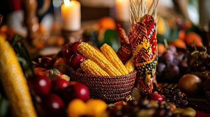 A close-up of a table decorated with corn, fresh fruits, and Kwanzaa flags reflects the celebration and meaning of the harvest and giving thanks."