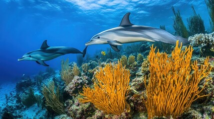 Fototapeta premium Two dolphins swim gracefully through a vibrant coral reef, with yellow coral branches dominating the foreground.