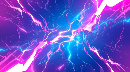 Abstract digital art featuring glowing pink and blue lightning strikes on a dark blue background.