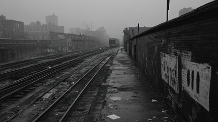 Fototapeta premium A lone figure walks along a deserted train track in a foggy urban setting.