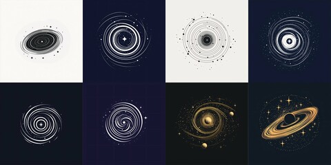 Fototapeta premium A minimalist logo featuring an abstract spiral galaxy with circular orbits and stars, highlighting clean lines and geometric design.