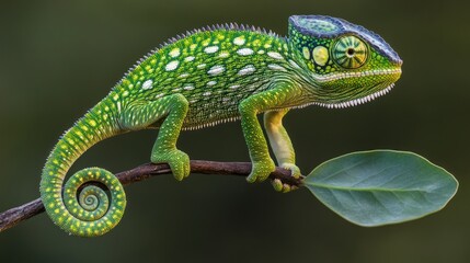 Fototapeta premium A green chameleon with white spots sits on a branch with a green leaf.