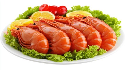 Boiled king prawns on a plate, with vibrant orange shells and juicy texture, isolated against a simple white background.