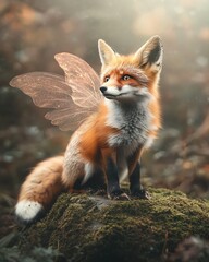Fototapeta premium A magical fox with iridescent wings, sitting on a mossy rock in a sunlit forest.
