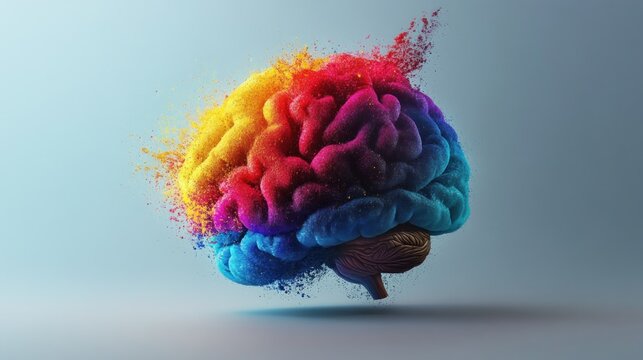 A colorful brain with exploding paint representing creative thinking and new ideas.