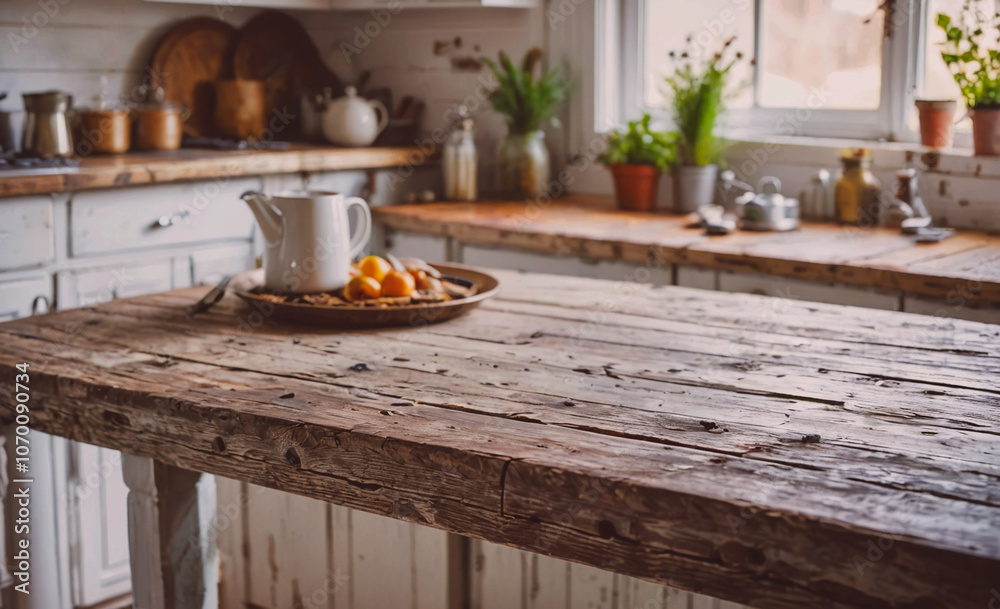 Poster wooden table with a white pitcher and a plate of oranges on it