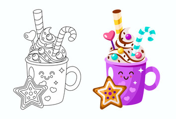 Cocoa with whiped cream and gingerbread vector illustration. Coloring page for kids