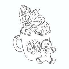 Cocoa with whiped cream and gingerbread vector illustration. Coloring page for kids