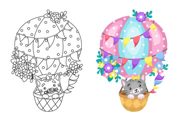 Little kitty on an air baloon decorated with flower cute cartoon vector illustration. Flat design