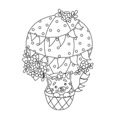 Little kitty on an air baloon decorated with flower cute cartoon vector illustration. Flat design