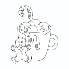 Cocoa with whiped cream and gingerbread vector illustration. Coloring page for kids