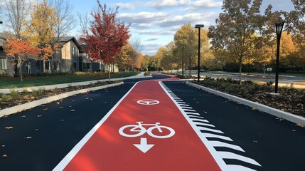 Boldly marked one-way bike lane close-up, with a bike symbol and arrow pointing forward on smooth asphalt.