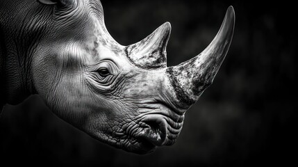 Close-up portrait of a rhinoceros in black and white, showing its powerful horn and wrinkled skin.