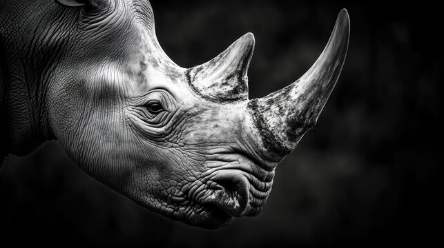 Close-up portrait of a rhinoceros in black and white, showing its powerful horn and wrinkled skin.