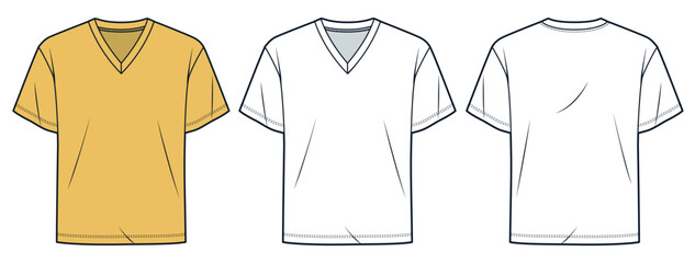 Basic T-Shirt fashion flat tehnical drawing template. V-Neck T-Shirt technical fashion illustration, relaxed fit, front and back view, white, yellow, women, men, unisex CAD mockup set.