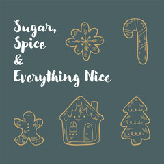 Cozy gingerbread illustration, perfect for printing on postcards, posters, and holiday decor. Gingerbread cookie hand-drawn illustration. Gingerbread man, house, snowflake, Christmas tree and star