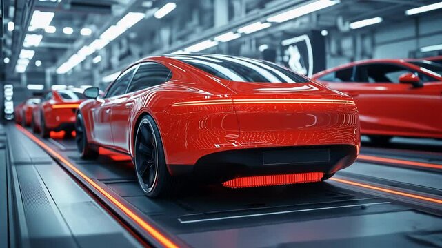 Modern electric car on automated production line in factory for automotive innovation, technology, and sustainability. Red vehicle in assembly plant symbolizing advanced manufacturing and efficiency