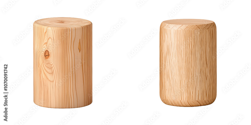 Poster a cylindrical wooden display stand with a polished surface and natural wood grain pattern. isolated 