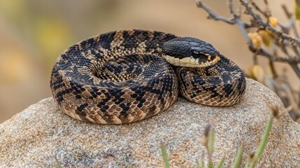 Fototapeta premium A black and brown snake curled up on a rock, with a blurred background.