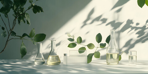 Pure natural green plants soaked in test tubes waiting for extraction. Food science, health, nutrition, business, beauty, medical, commercial poster, poster, wallpaper, background