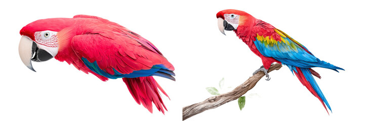 Obraz premium Isolated on transparent background, png, this watercolor illustration shows a scarlet macaw parrot with its bold red, orange, and blue feathers.